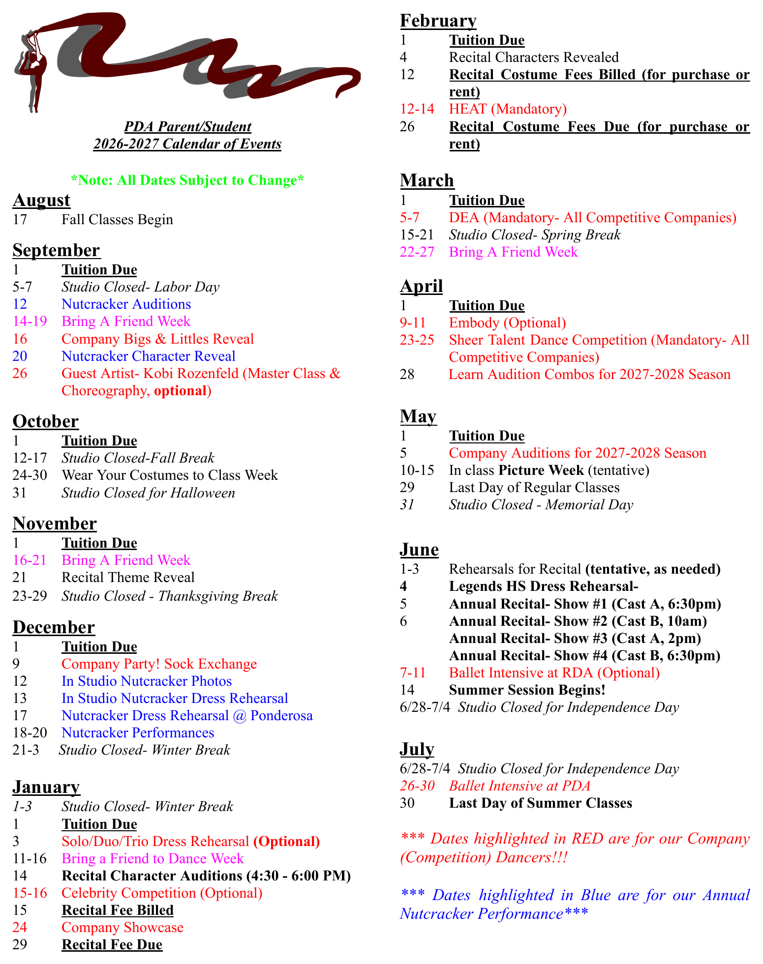 PDA Parent/Student 2026-2027 Calendar of Events