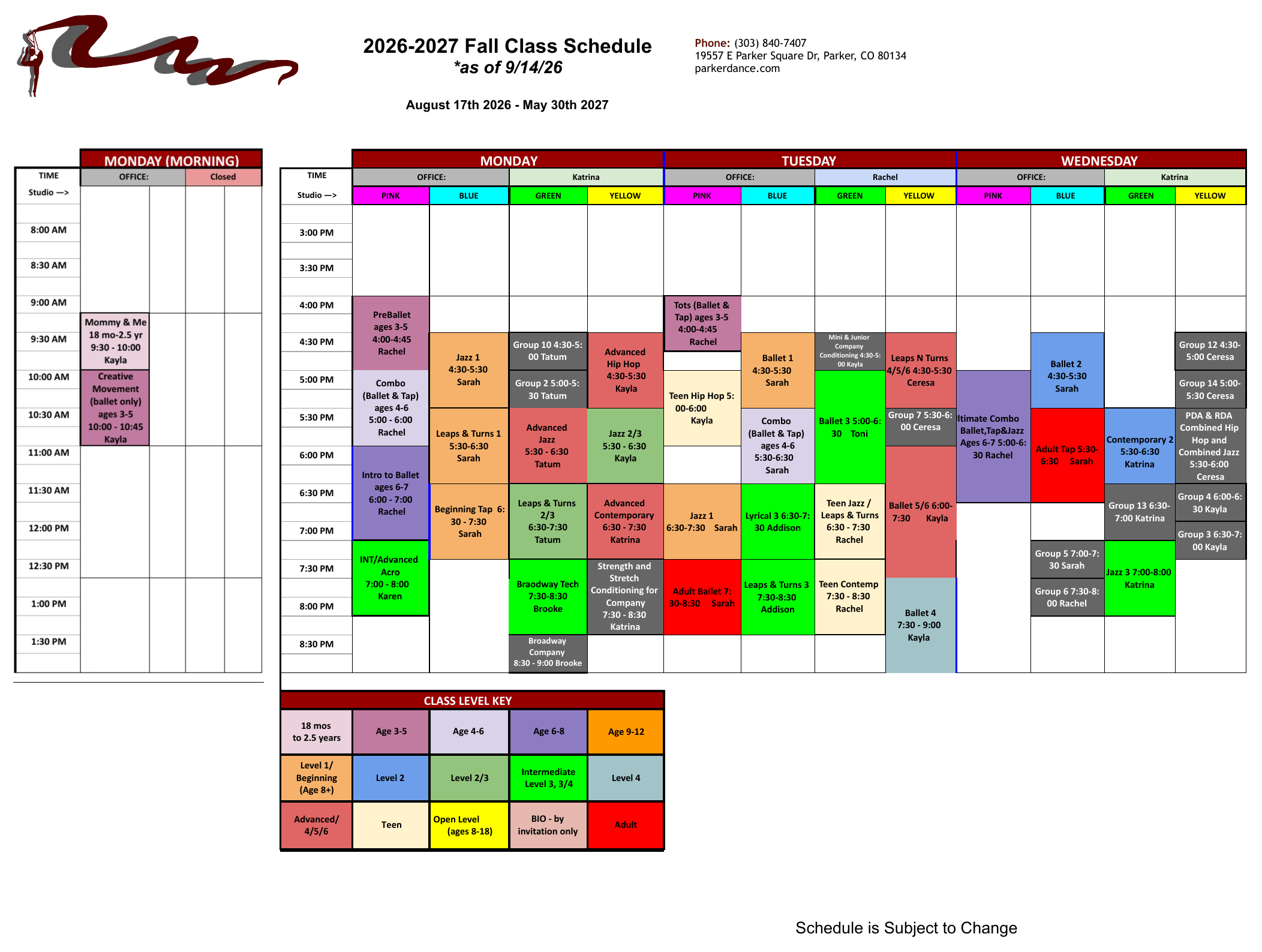 2026-2027 Fall Class Schedule, Monday through Wednesday